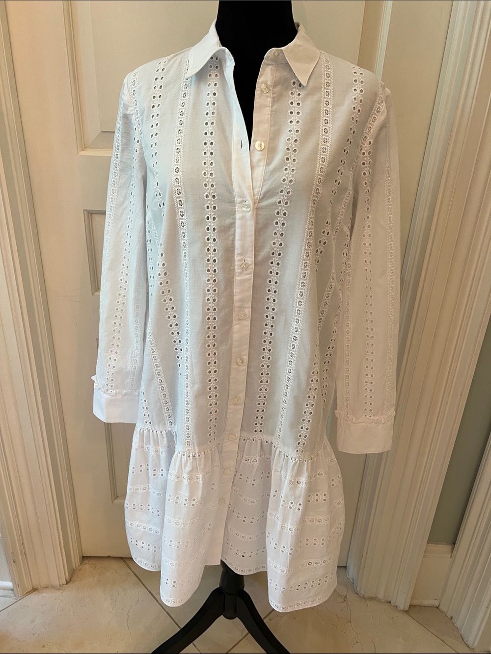 White Eyelet Button-Front Tunic Dress